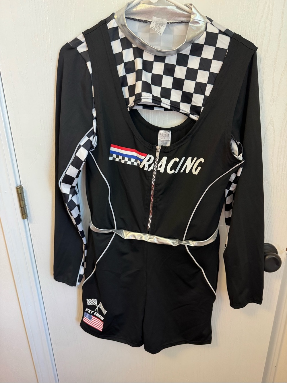 Women’s Black Racing Costume with Checkered Accents